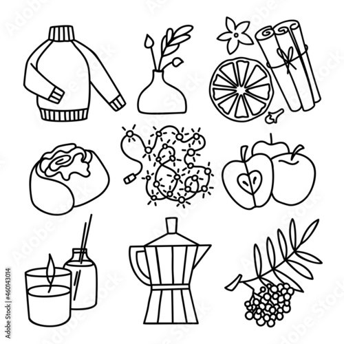 Set of hand-drawn autumn hugge mood vector icons in doodle style. Cozy cute cartoon elements collection isolated on white background for seasonal decoration.