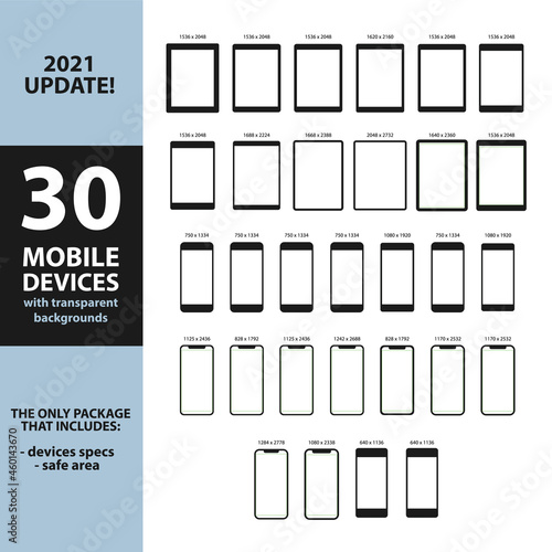 2021 Update - All Apple devices with transparent backgrounds. Vector devices and smartphones in front view - Set with 30 iPhone, iPad, iPod templates with specs and safe area over blank screen 