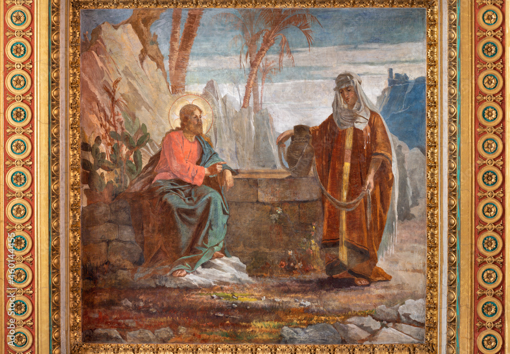 ROME, ITALY - AUGUST 31, 2021: The ceiling fresco Jesus and the Samaritan woman in the church Chiesa del Sacro Cuore di Gesu by Virginio Monti (1852 - 1942).