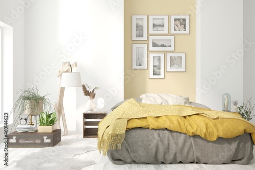 Yellow color bedroom interior. Scandinavian design. 3D illustration