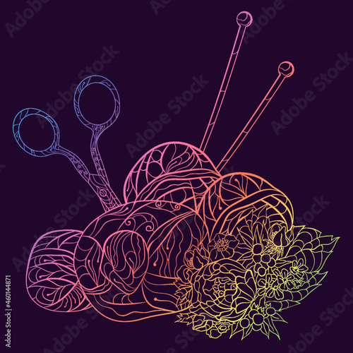 Hand drawing in linear doodle style. Balls of yarn and thread with scissors. Decorative items of needlework with rainbow gradient