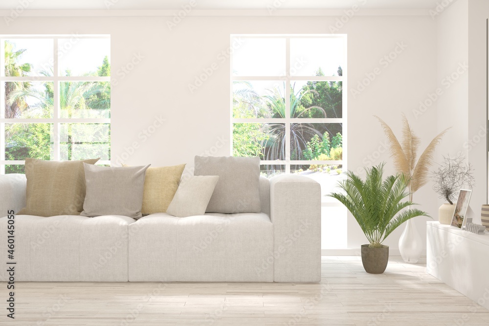 Fototapeta premium Stylish room in white color with sofa and summer landscape in window. Scandinavian interior design. 3D illustration
