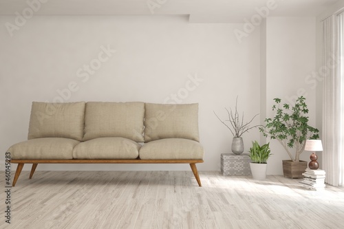 White living room with sofa. Scandinavian interior design. 3D illustration © AntonSh