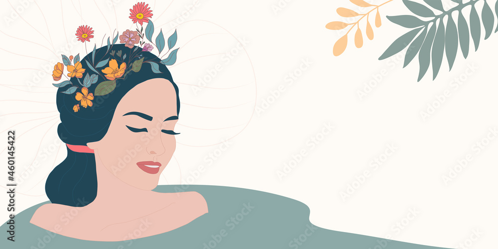 Face of smiling relaxed woman taking care of her body. Treatment therapy cleaning care and hygiene of the body and female skin. Wellness center or beauty salon. Anti-aging treatment.SPA Face of smiling relaxed woman taking care of her body. Treatment therapy cleaning care and hygiene of the body and female skin. Wellness center or beauty salon. Anti-aging treatment.SPA