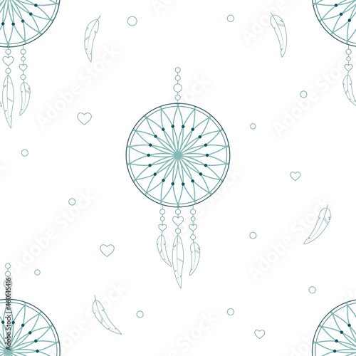 Seamless pattern with dream catcher and feathers. Tribal background with hand drawn boho style elements feathers and dreamcatchers. Vector illustration for wrapping, textile or print design.