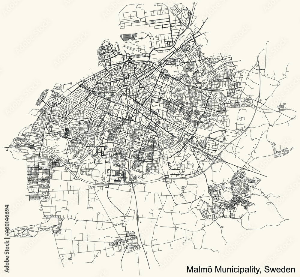 Detailed navigation urban street roads map on vintage beige background of the Swedish regional capital city of Malmö Municipality, Sweden