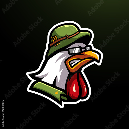 angry chicken wearing military helmet