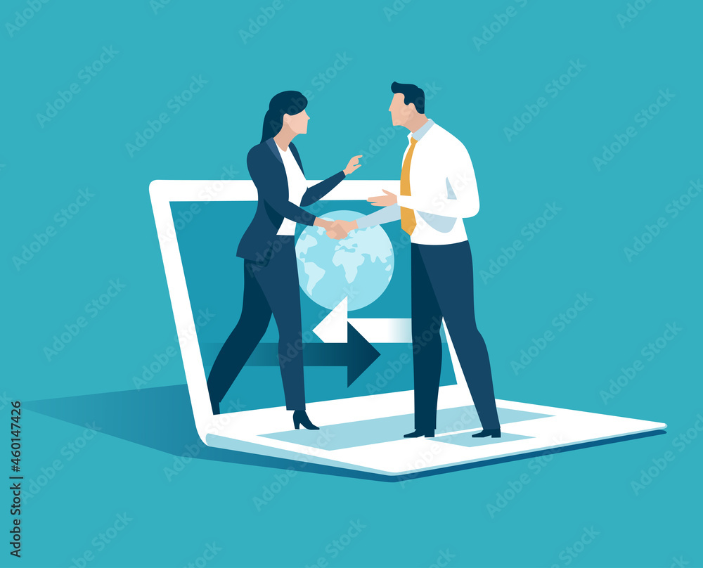 Connection. Collaboration. Global Business. A business couple shaking hands across a laptop screen. Business vector illustration. Connection. Collaboration. Global Business. A business couple shaking hands across a laptop screen. Business vector illustration.