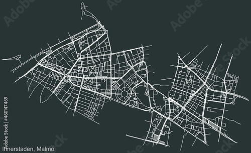 Detailed negative navigation urban street roads map on dark gray background of the quarter Innerstaden (Inner City) district of the Swedish regional capital city of Malmö, Sweden