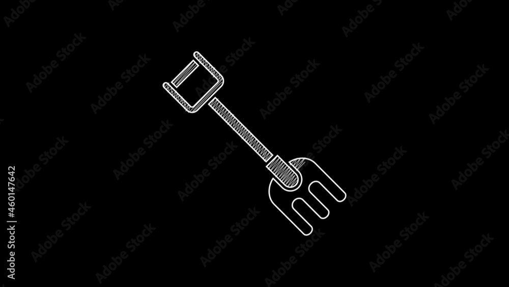 White line Garden rake icon isolated on black background. Tool for horticulture, agriculture, farming. Ground cultivator. Housekeeping equipment. 4K Video motion graphic animation White line Garden rake icon isolated on black background. Tool for horticulture, agriculture, farming. Ground cultivator. Housekeeping equipment. 4K Video motion graphic animation