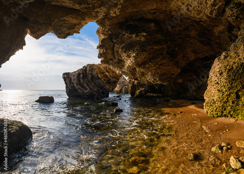 Large karst cave on the seashore. Beautiful panorama of the cave