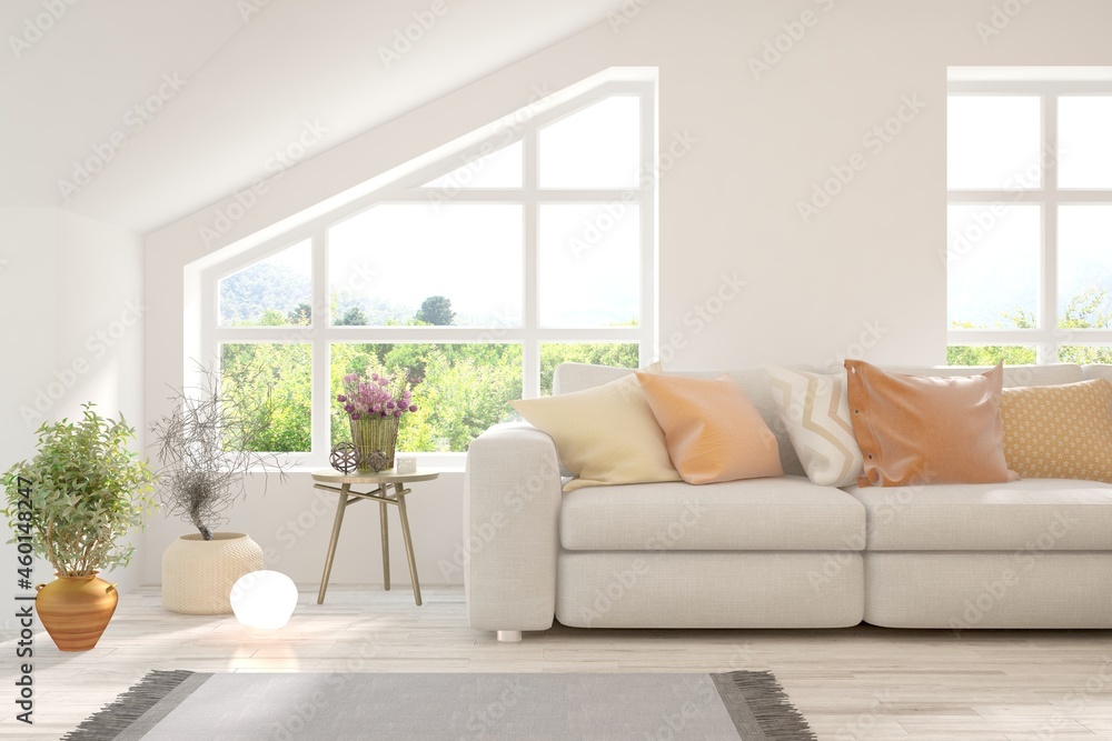 Naklejka premium White living room with sofa and summer landscape in window. Scandinavian interior design. 3D illustration