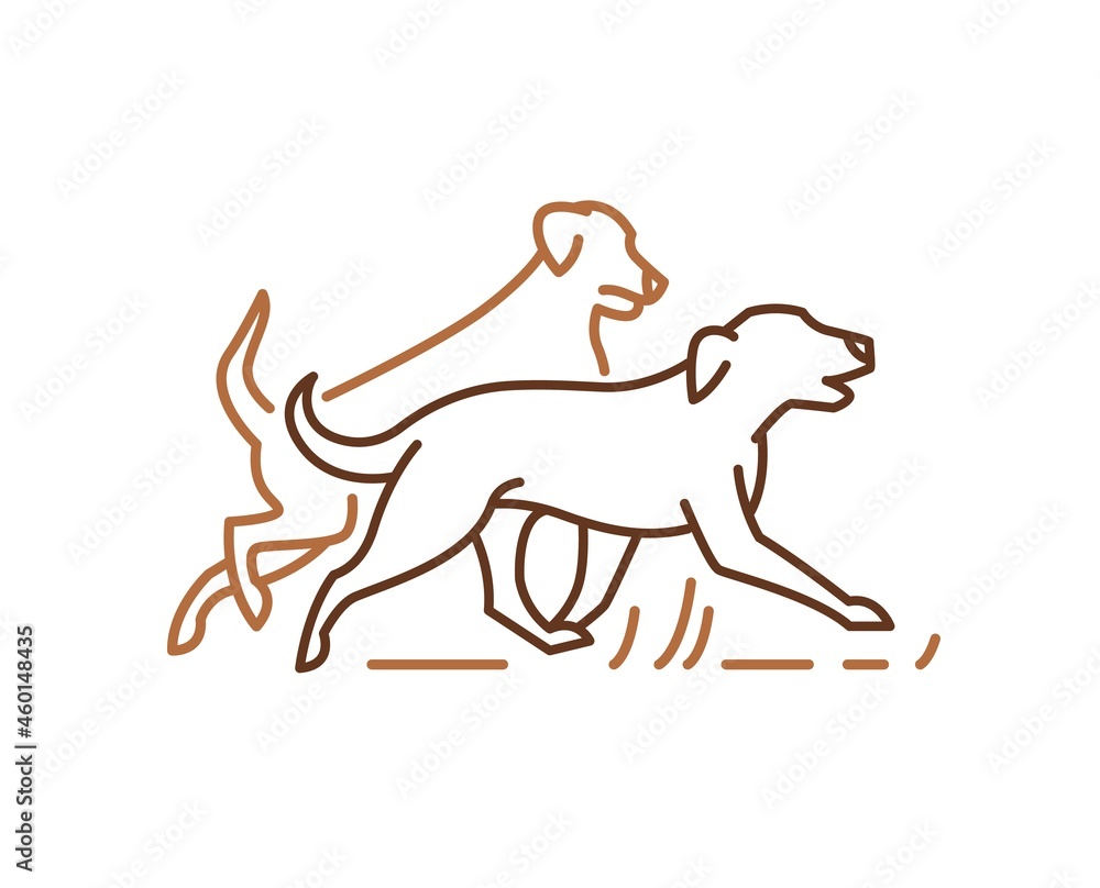 Running dog line icon, pets symbol, labrador golden retrievers playing together.