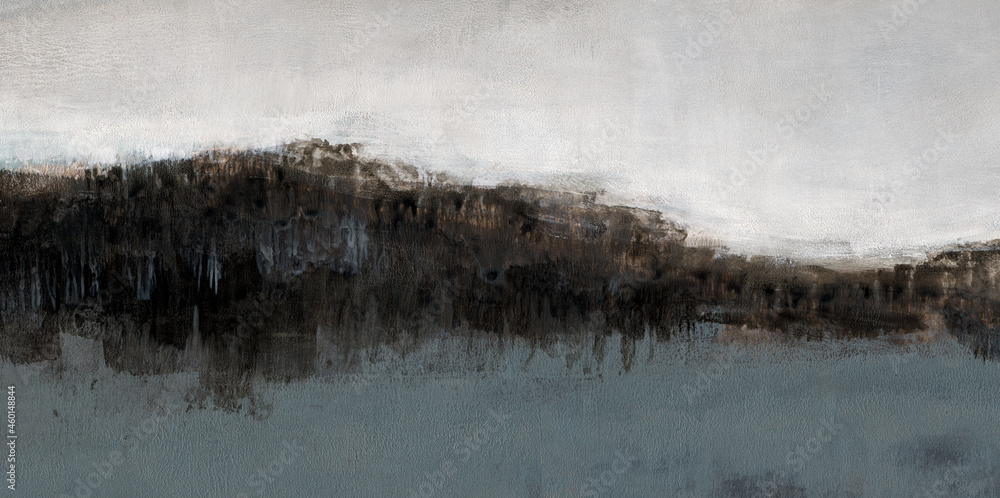 Abstract landscape. Acrylic and ink on paper. Beautiful artistic image for creative design projects: posters, banners, cards, websites, prints, wallpapers. Dark colours. Hand painted artwork.