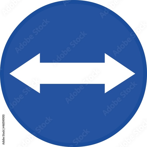 Vector illustration of white arrow traffic sign with two ways on a blue circular background, meaning two ways
