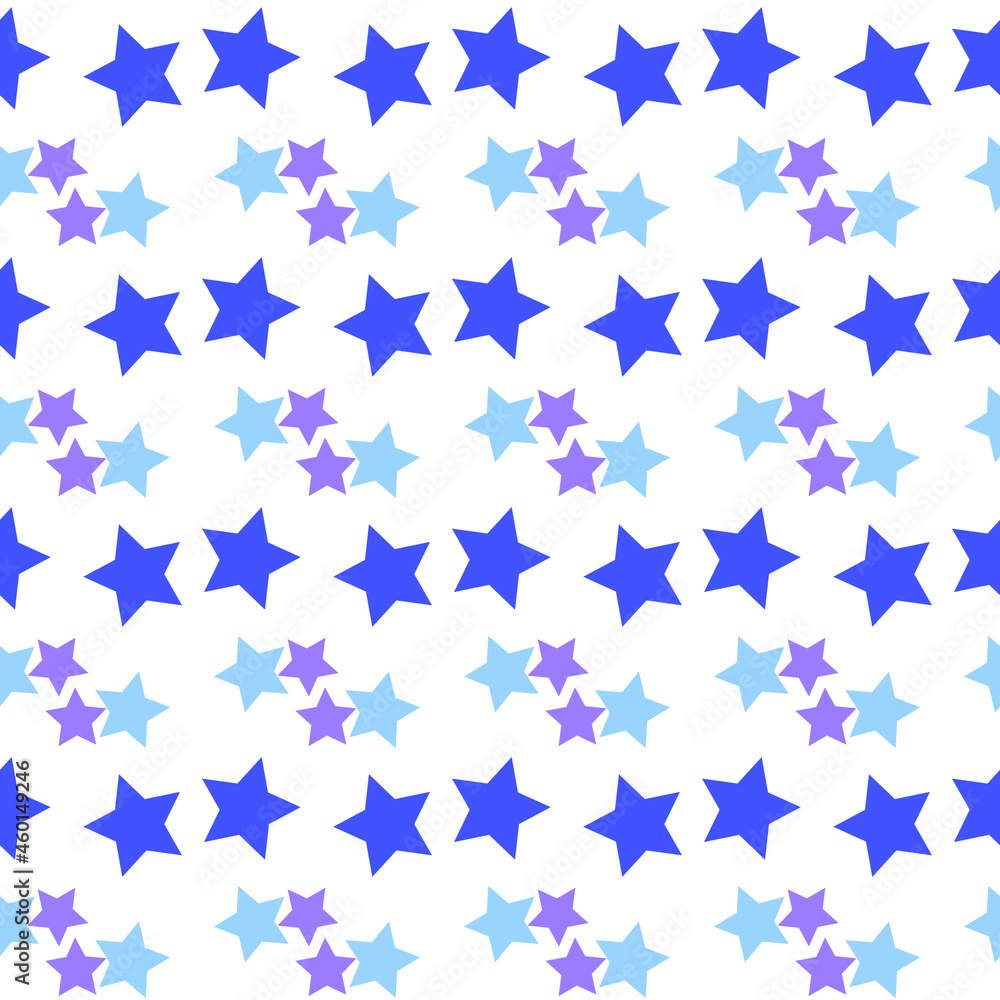 Seamless pattern with blue and lilac stars on a white background. Use for fabric, wrapping paper, wallpaper, print, backdrops, baby clothes, napkins, bags, merchandise, clothing, and artwork. Seamless pattern with blue and lilac stars on a white background. Use for fabric, wrapping paper, wallpaper, print, backdrops, baby clothes, napkins, bags, merchandise, clothing, and artwork.