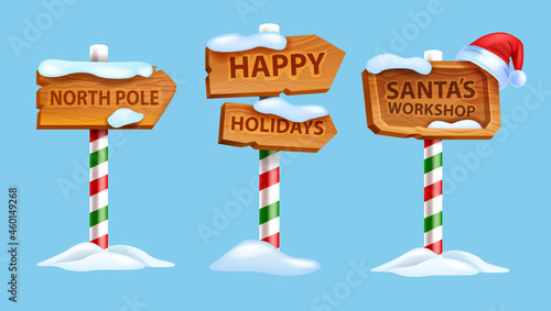 Christmas wooden sign board set, vector winter North Pole postal road pointer, Santa Claus workshop. X-mas holiday frame kit, direction arrow wooden panel banner, UI game objects. Christmas sign
