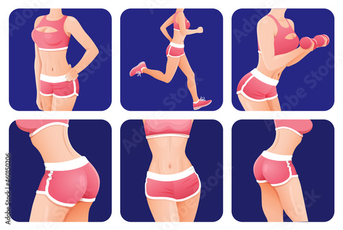 Slender sporty woman, fitness girl icon set. full body workout for women, fitness apps icons set. Running, training in the gym with dumbbells, abs, butt, biceps, stretching and slimming.