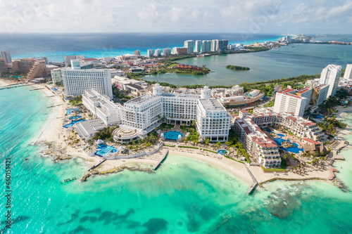 View of beautiful Hotels in the hotel zone of Cancun. Riviera Maya region in Quintana roo on Yucatan Peninsula. Aerial panoramic view of allinclusive resort photo