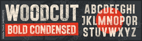 Rough Woodcut Letterpress Texture Bold Condensed Font. Detailed individually textured characters with a distressed Endgrain Tree Rings Wood Texture. Unique design font