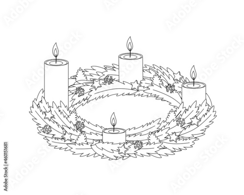 Advent wreath with four burning yellow candles and decor outline