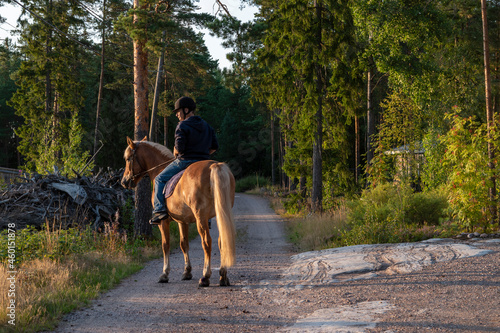 Man horseback riding in forest © Monika
