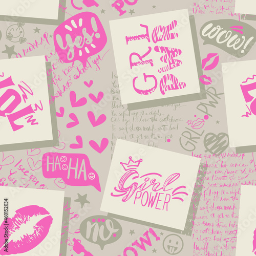 Hand-drawn seamless pattern Girl Power of fashionable girls. Abstract background with graffiti elements, icons, handwritten doodles, doodle elements. Girlish print for textiles, packaging.