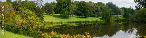 Panorama of summer park pond. 