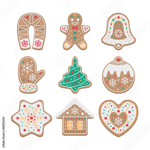 Collection of cute Christmas gingerbread cookies with color frostng - gingerbread man, house, horseshoe, snowflake, mitten, heart, ball, christmas tree, bell. Winter holiday food. Vector flat design