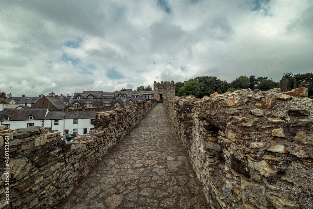 Conwy Castle in Wales, outside and inside view of the town of Conwy