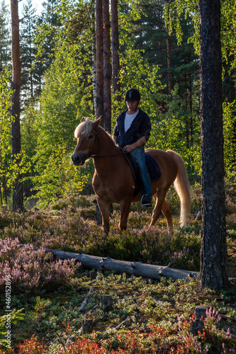 Man horseback riding in forest © Monika