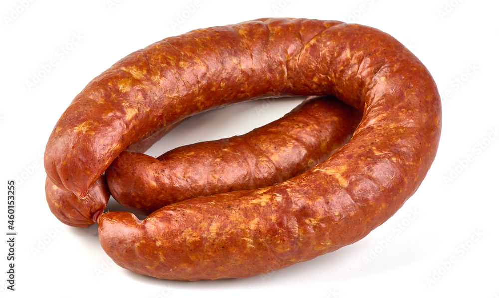 Traditioanal air dried sausage, isolated on white background. Traditioanal air dried sausage, isolated on white background.