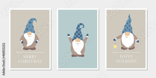 set of christmas greeting cards with cute funny gnome