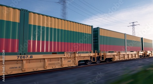 Lithuanian export. Running train loaded with containers with the flag of Lithuania. 