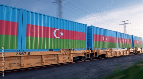 Azerbaijani export. Running train loaded with containers with the flag of Azerbaijan. 