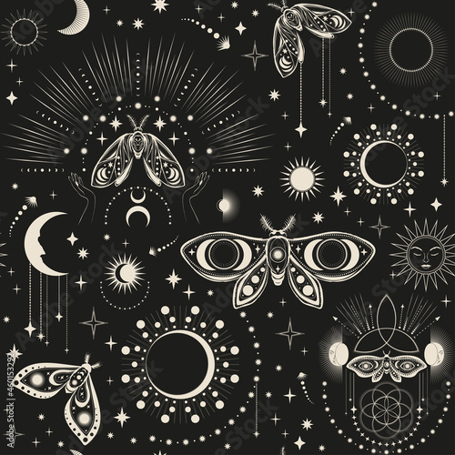 Seamless Pattern of Moth and Magical Signs