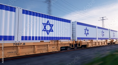 Israeli export. Running train loaded with containers with the flag of Israel. 