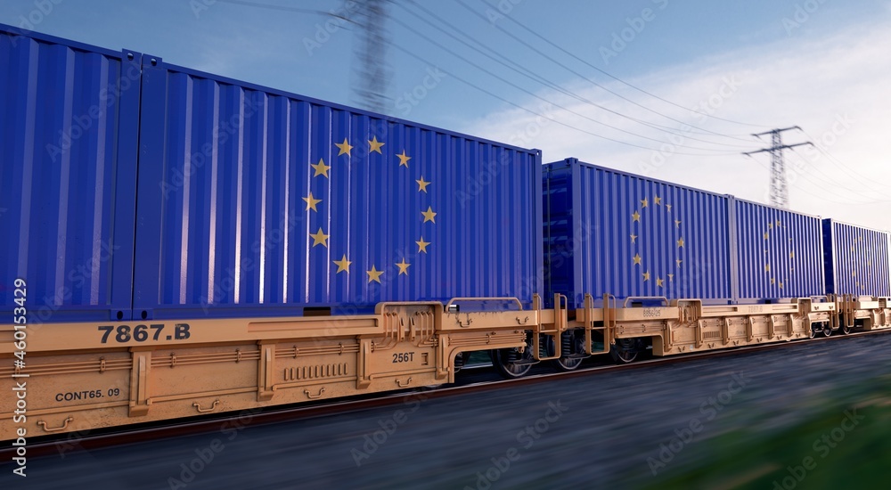 Obraz premium European export. Running train loaded with containers with the flag of China. 