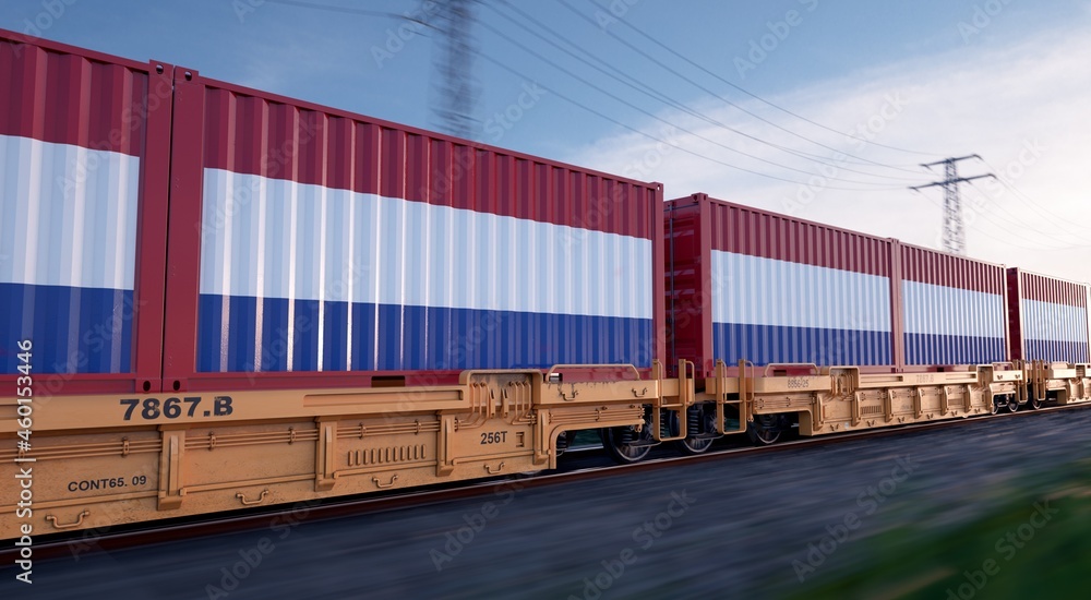 Fototapeta premium Dutch export. Running train loaded with containers with the flag of Netherlands. 
