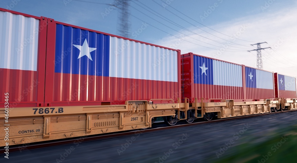 Chilean export. Running train loaded with containers with the flag of Chile. Chilean export. Running train loaded with containers with the flag of Chile.