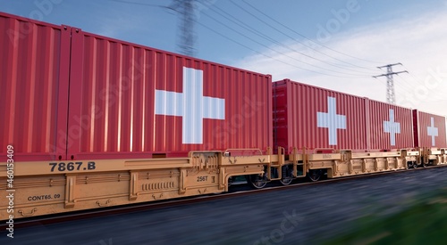 Swiss export. Running train loaded with containers with the flag of China. 