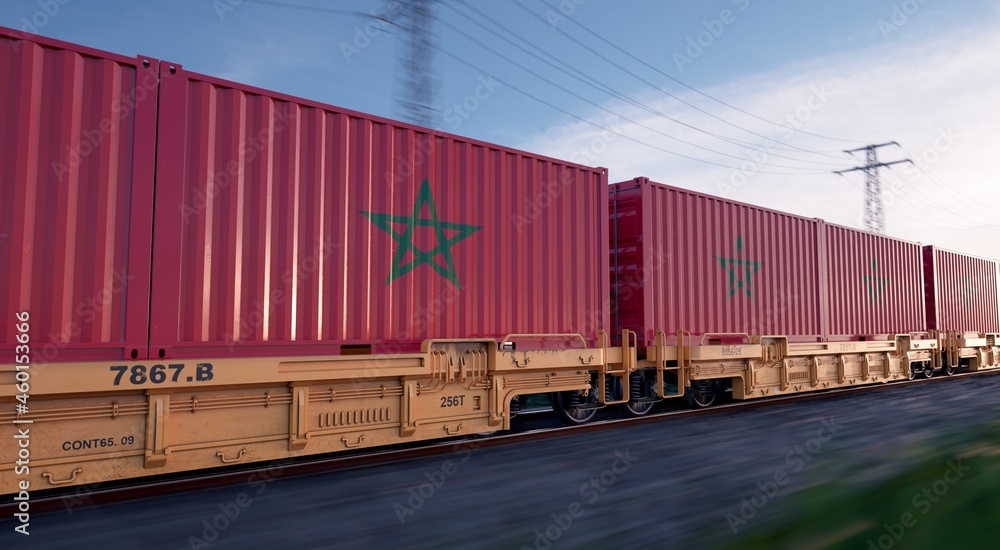 Moroccan export. Running train loaded with containers with the flag of Morocco. 