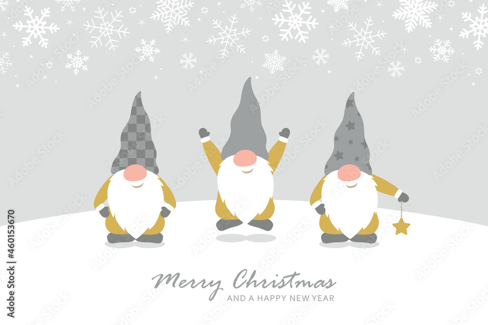 Obraz premium christmas greeting card with cute christmas dwarf and snowy landscape