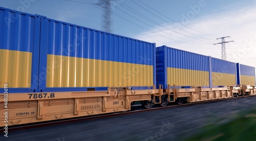 Ukrainian export. Running train loaded with containers with the flag of Ukraine. 