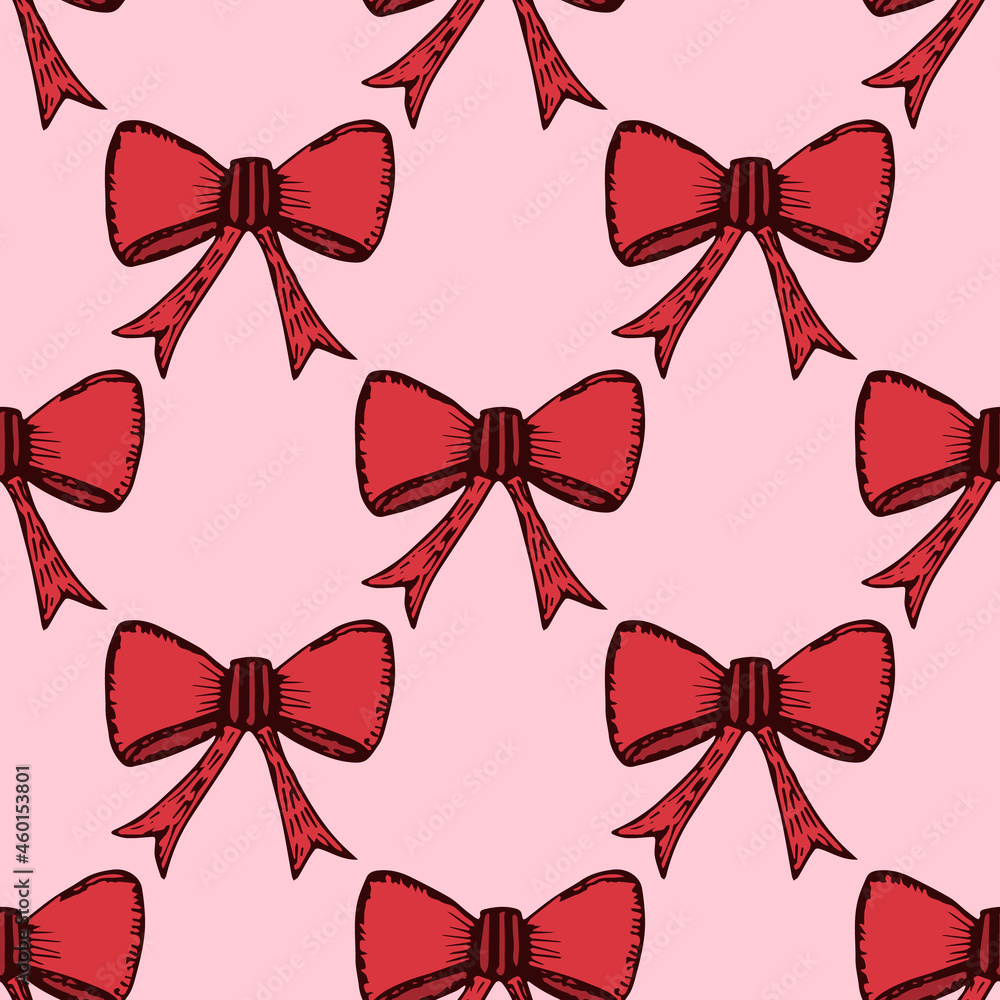 Modern cartoon seamless pattern with red ribbons. Doodle red ribbons pattern on pink background. Christmas decorative abstract pattern