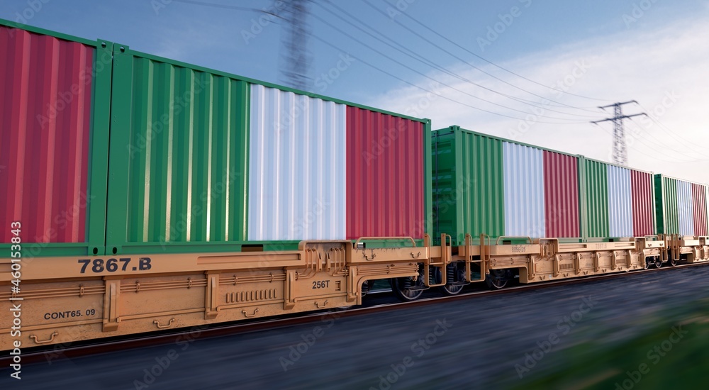 Obraz premium Italian export. Running train loaded with containers with the flag of Italy. 