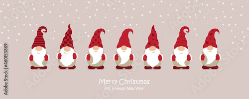 christmas greeting card with cute christmas dwarf and snowy landscape
