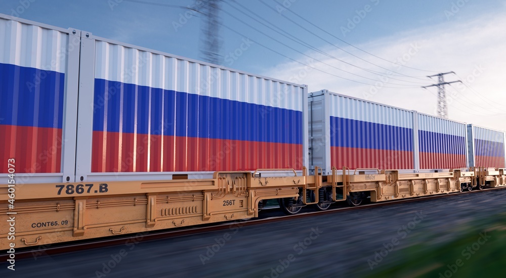 Obraz premium Russian export. Running train loaded with containers with the flag of Russia. 