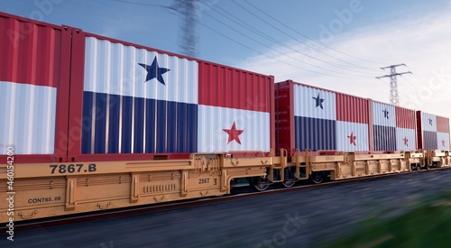 Panamanian export. Running train loaded with containers with the flag of Panama. 