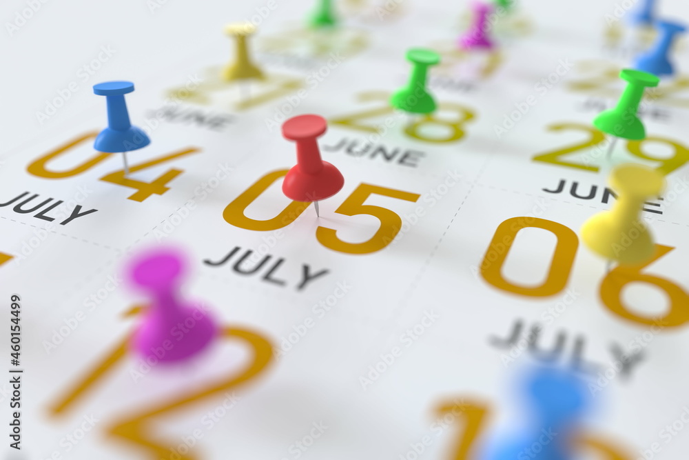 July 5 date and push pin on a calendar, 3D rendering July 5 date and push pin on a calendar, 3D rendering